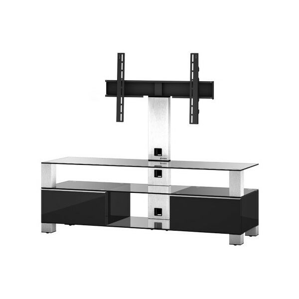 Тумбы и стойки для телевизоров: Стойка под телевизор Sonorous MD 8143-C-INX-BLK max ТВ 50кг,  1300х1400х440мм (ВхШхГ),   прозрачное стекло /  ножки стального цвета/ черные ящики фотографии