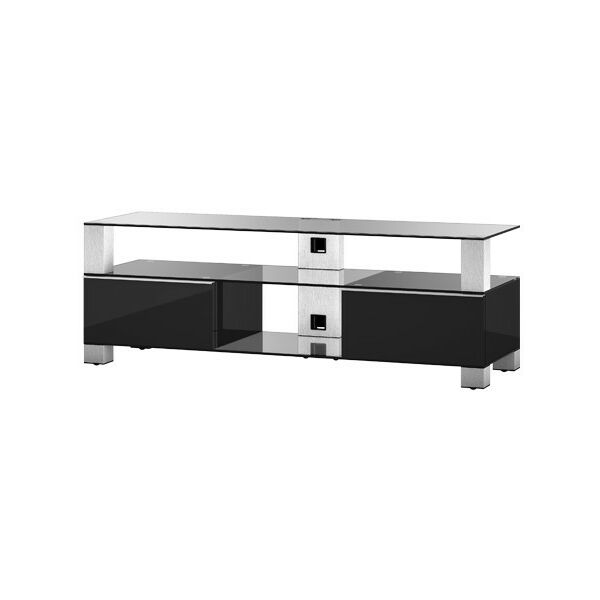 Тумбы и стойки для телевизоров: Стойка под телевизор Sonorous MD 9140-C-INX-BLK max нагрузка 80кг, 490х1400х440мм (ВхШхГ),   прозрачное стекло /  ножки стального цвета/ черные ящики фотографии
