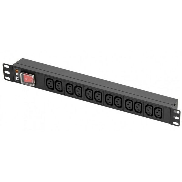 Шкафы и стойки: Блок электрических розеток TLK TLK-RSA12-MTF-01-BK 19", 12 гнезд C13, макс. нагрузка 10 А, без шнура питания, вход С14 + предохранитель 10 А, металлический корпус, макс. мощность 2500 Вт, 483*44.4*44.4 мм фотографии