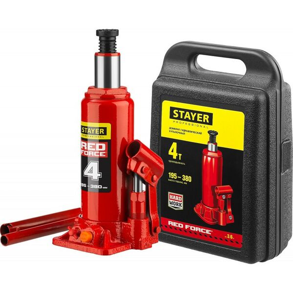 Домкраты: Домкрат бутылочный гидравлический STAYER RED FORCE 4т 195-380мм в кейсе [43160-4-K] фотографии